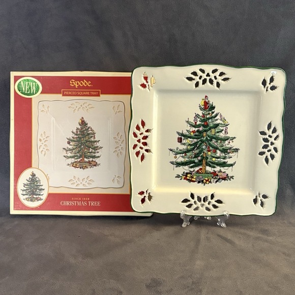 Spode Pierced Square Tray Christmas Tree Pattern 8" Plate w/ Box - Picture 2 of 11
